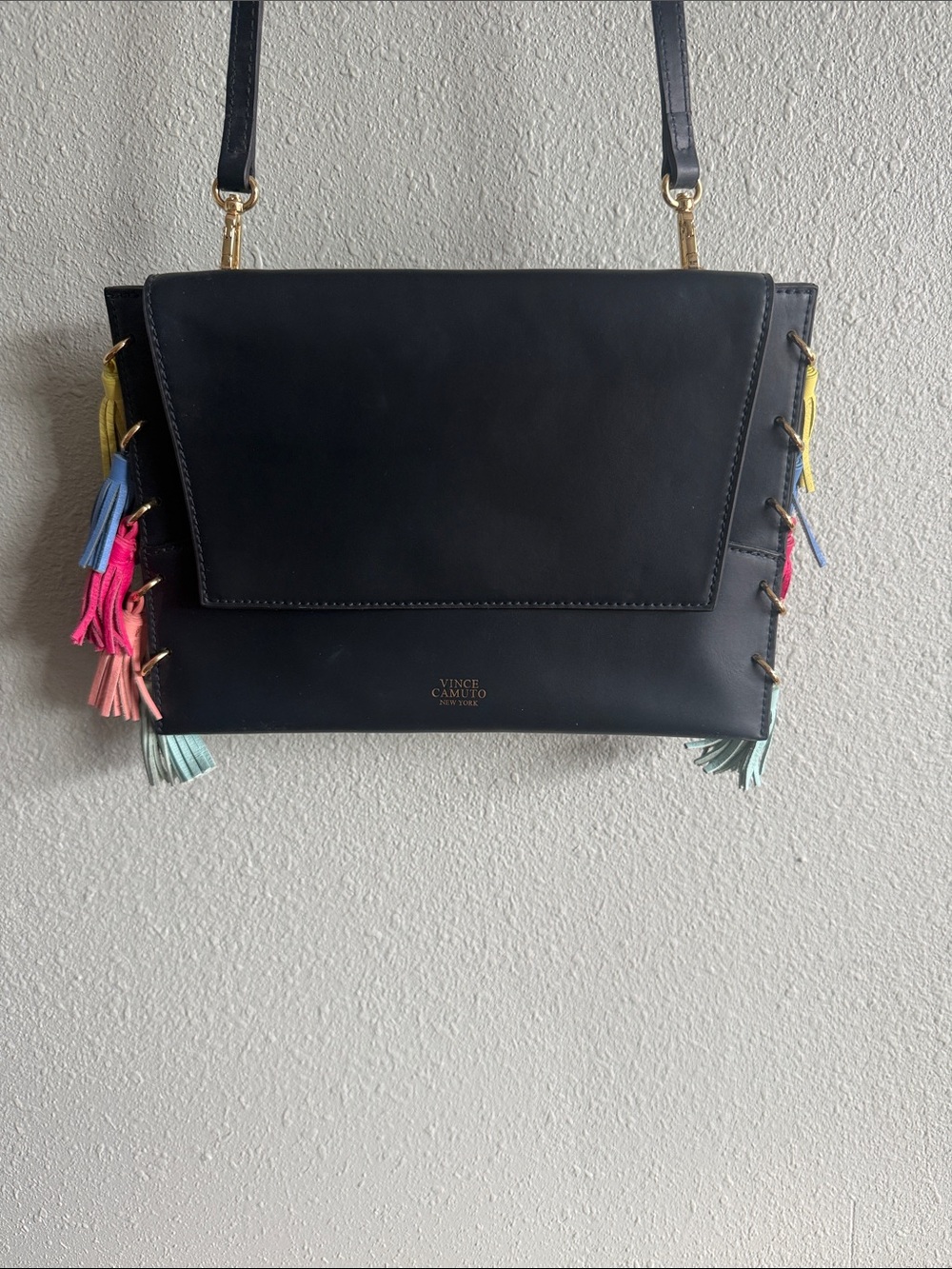 Vince Camuto Navy Leather Crossbody with Colorful Tassel Trim